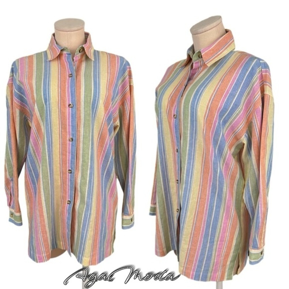 Harvé Benard Button Down Linen Vertical Stripes Shirt